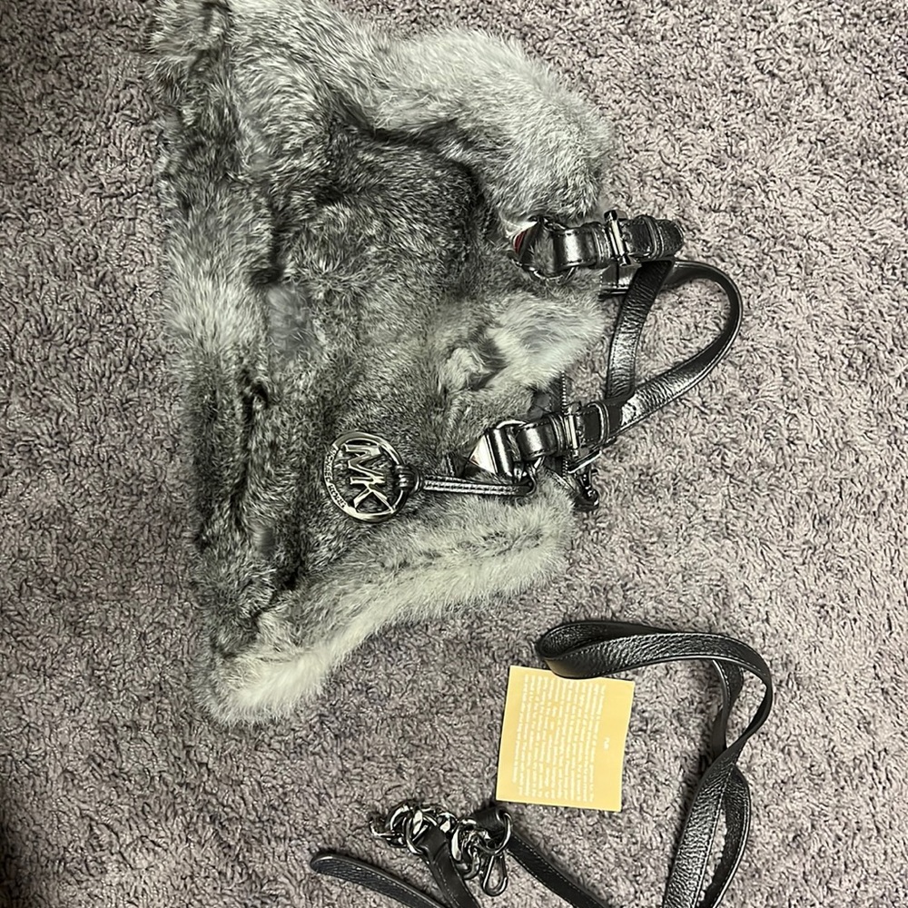 Michael Kors grey Rabbit fur purse with grey metallic strap (great condition)